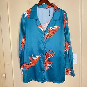 Nasty Gal Teal Tiger Print Satin Blouse